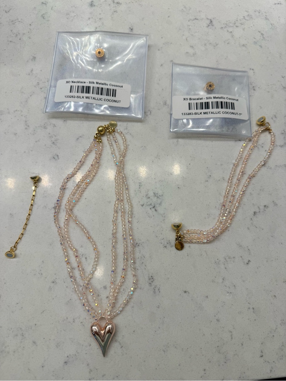 By Alexa Rae Layered Beaded Necklace & Bracelet Set in Metallic Coconut Pink